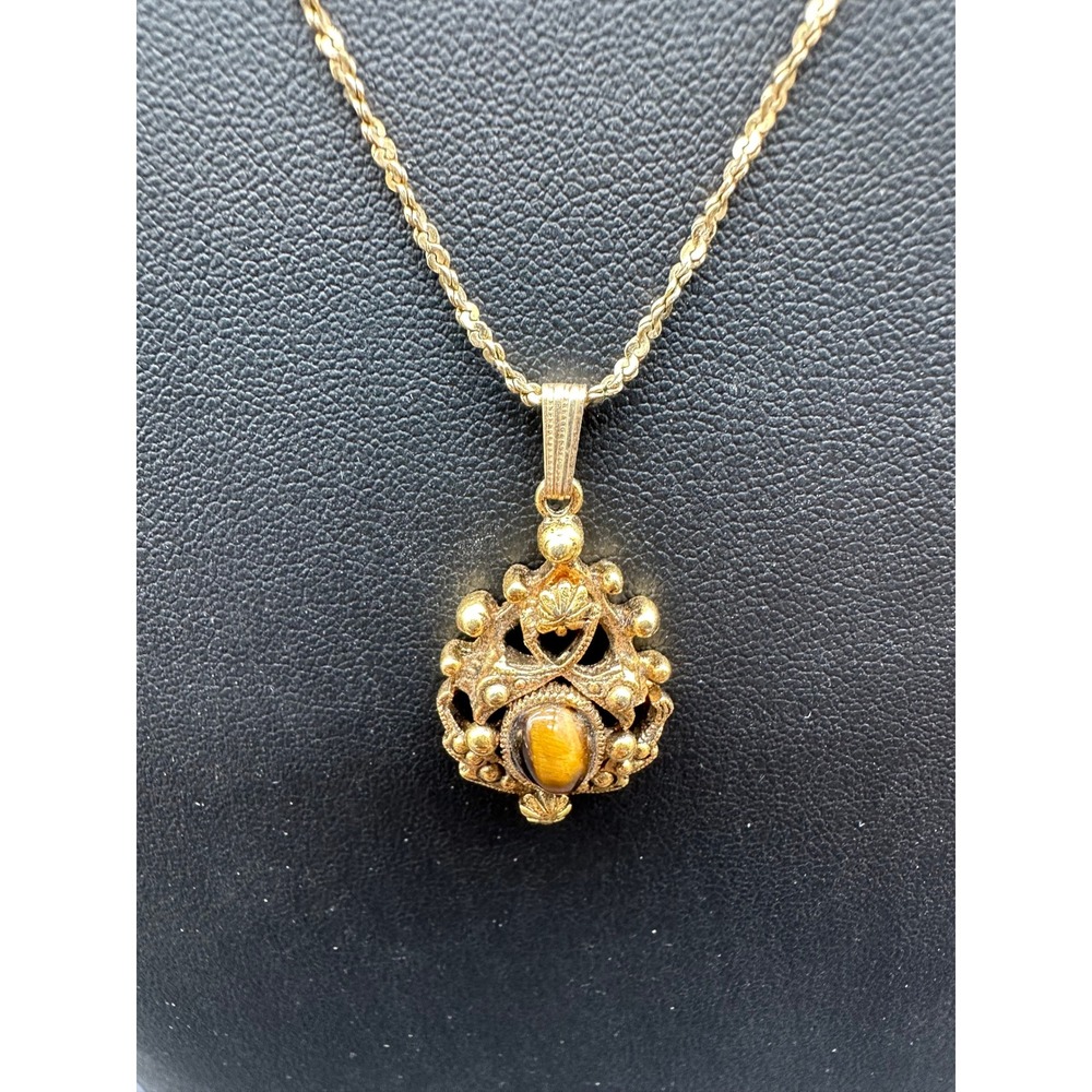 Vintage Monet Gold Tone Faux Tigers Eye Ornate Pendant Necklace 15 Inch Chain